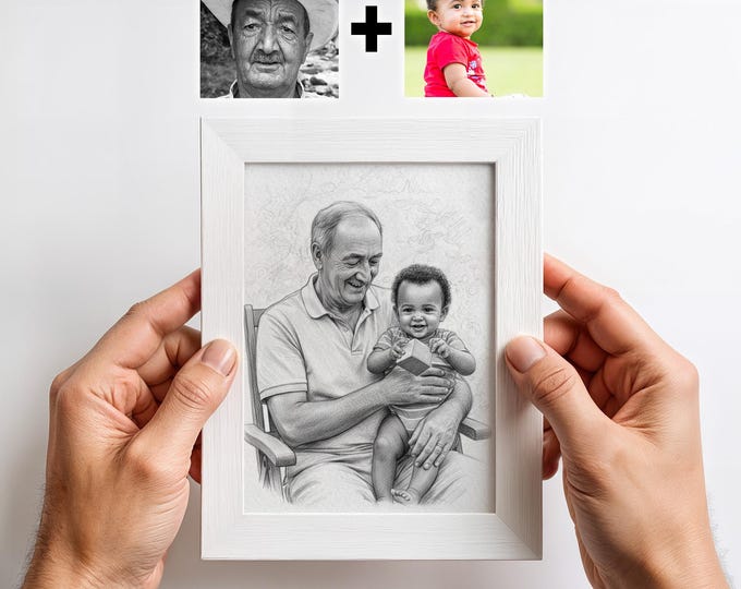 Grandparent and Grandchild Portrait - Custom Pencil Style Print from Photos. 5x7 in