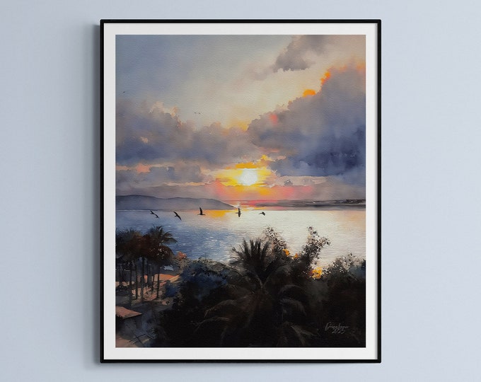 Puerto Vallarta Sunset Watercolor Print Mexico Art Premium Quality Travel Poster Artful Wall Decor Unframed Wall Art