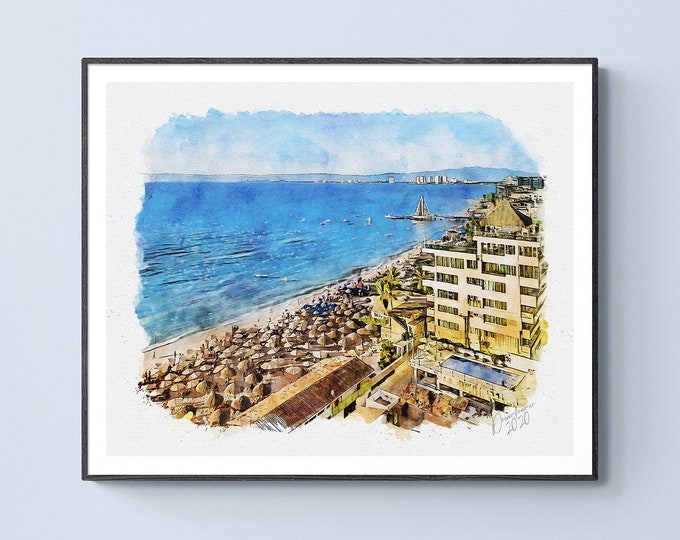 Puerto Vallarta Watercolor Print Mexico Art Premium Quality Travel Poster Artful Wall Decor Unframed Wall Art