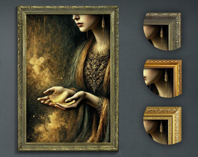 Enchanted Golden Dust Print, Mystical Woman Portrait, Dark Academia Wall Decor, Ethereal Gold Magic, Ornate Fantasy Art, Elegant Home Decor