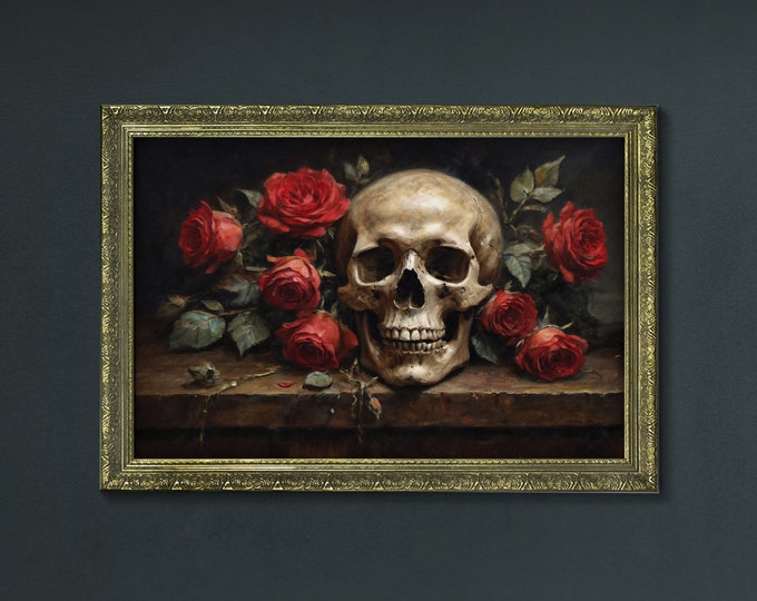 Moody Dark Art, Skull and Roses, Dark Academia Decor, Rustic Dark Cottagecore Decor, Moody Cottagecore Wall Art, Dark Moody Retro Wall Art