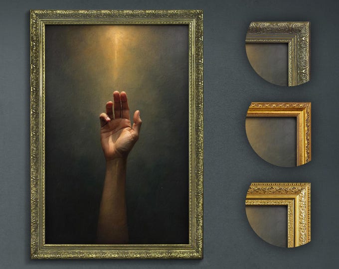 Illuminated Reaching Hand, Dark Academia Wall Art, Golden Light Glow, Dramatic Home Decor, Moody Art, Inspirational Study Room Artwork