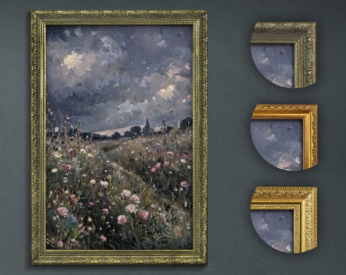 Dark Academia Art Print: Blooming Flower Field, Impasto Style