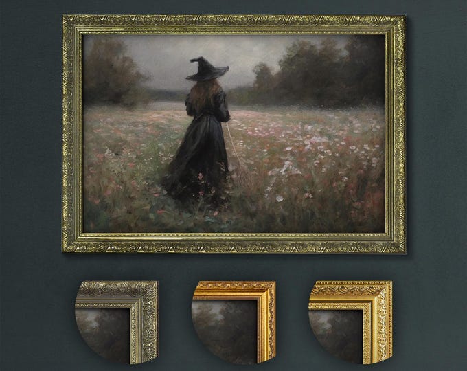 Witch in Misty Meadow Art Print: Vintage Gothic Home Decor