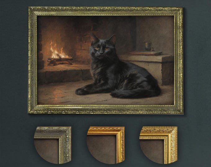Black Cat Fireplace Art Print: Elegant Feline Portrait, Dark Academia Decor