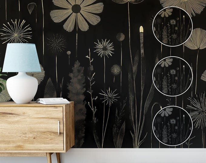 Elegant Black Beige Botanical Peel and Stick Wallpaper, Watercolor Floral Wall Decal, Chic Home Decor, Nature Inspired Canvas, Luxury Mural