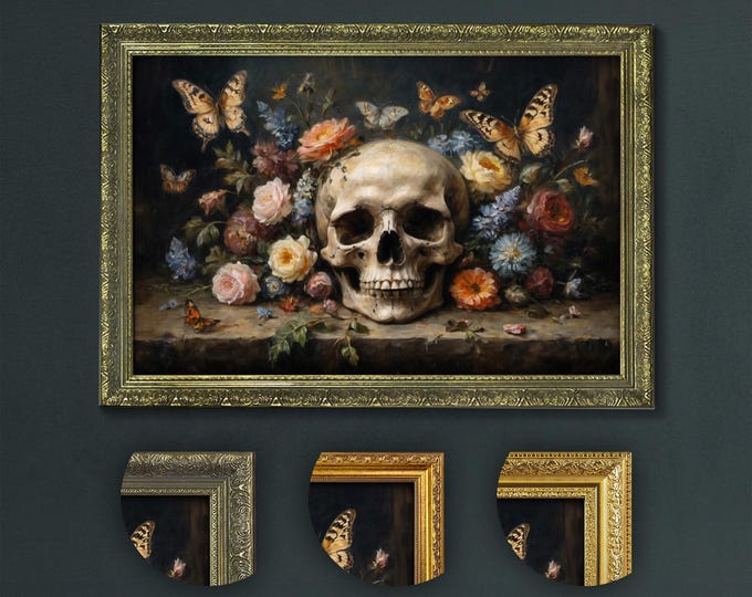 Moody Dark Art, Skull and Butterflies, Dark Academia Decor, Artful Prints, Moody Decorative Art, Moody Artful Print, Aesthetic Witchy Decor
