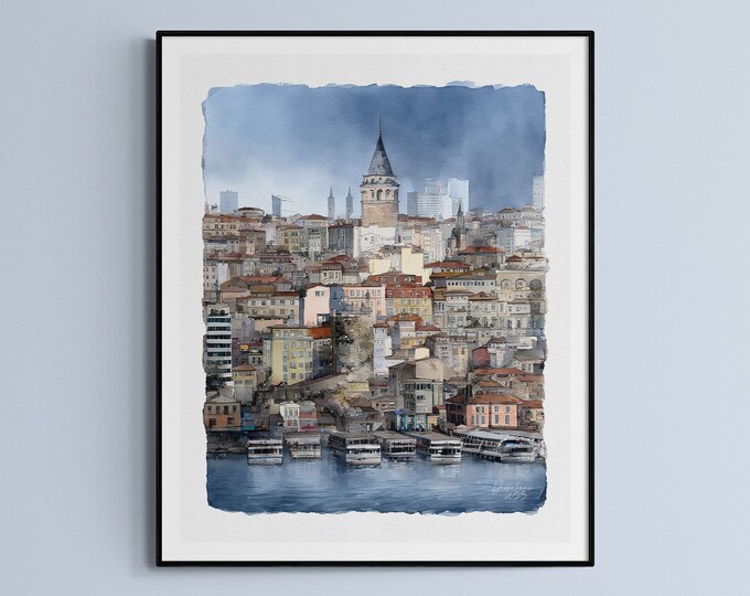 Galata Tower Istanbul Watercolor Print Türkiye (Turkey) Art Premium Quality Travel Poster Artful Wall Decor Unframed Wall Art