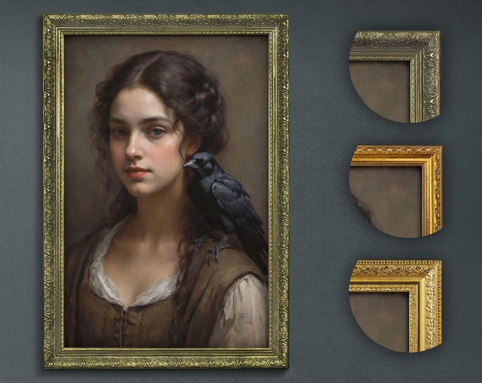 Renaissance Inspired Woman and Black Crow Portrait, Dark Academia Gothic Art, Mysterious Lady with Raven, Classic Vintage Style Wall Decor
