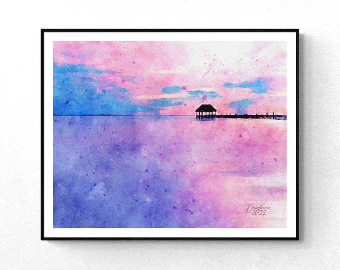 Pier at Holbox Island Watercolor Print Mexico Art Premium Quality Travel Poster Artful Wall Decor Unframed Wall Art