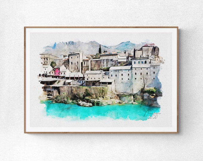 Kujundziluk in Mostar Watercolor Print Bosnia & Herzegovina Art Premium Quality Travel Poster Artful Wall Decor Unframed Wall Art