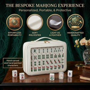 The image is an advertisement for a bespoke mahjong experience, highlighting its personalized, portable, and protective features.