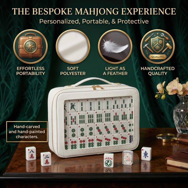 The image is an advertisement for a bespoke mahjong experience, highlighting its personalized, portable, and protective features.