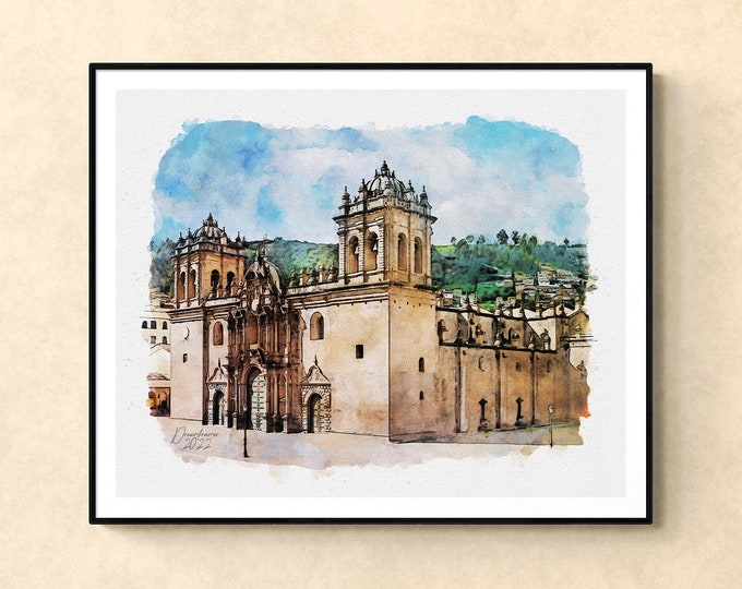 Cusco Cathedral Watercolor Print Peru Art Premium Quality Travel Poster Artful Wall Decor Unframed Wall Art