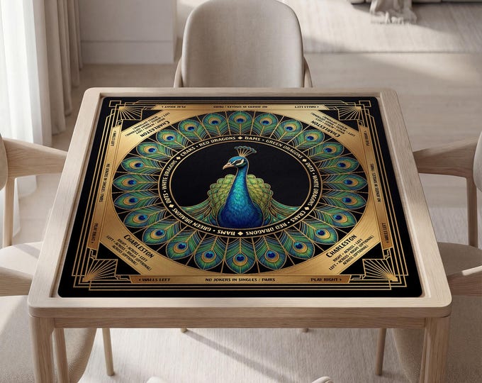 Mahjong Playing Mat with Instructions: Elegant Peacock Design (Custom Text & Carry Bag)