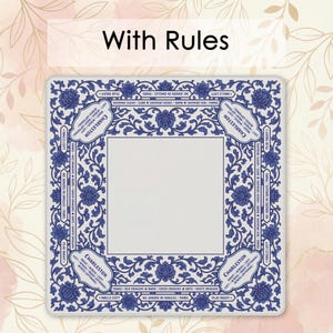 a square frame with a blue and white floral pattern, and the text "With Rules" is displayed above it.