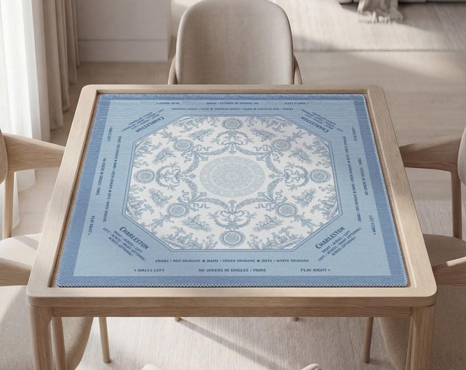 Personalized Mahjong Table Mat with Instruction: Blue Porcelain Style, Custom Text
