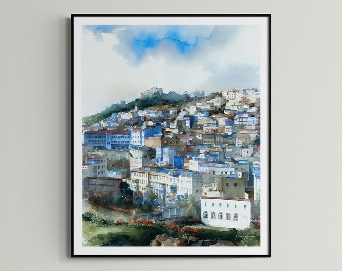 Artful Morocco Print, Moroccan Wall Art, Moroccan Blue City Chaouen Poster, Custom Personalized Artful Gift for Art Lovers, Unframed Print