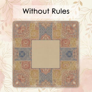 a square frame with a blank center, set against a background with a floral pattern.