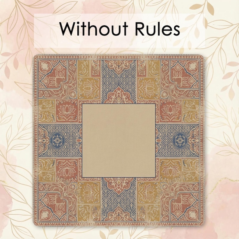 a square frame with a blank center, set against a background with a floral pattern.
