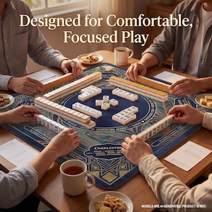 A group of people playing mahjong together, with the game board and pieces visible on the table.