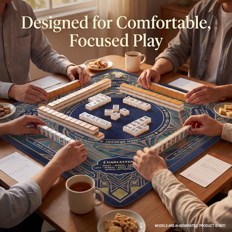 A group of people playing mahjong together, with the game board and pieces visible on the table.
