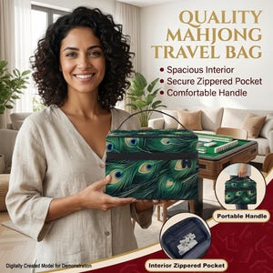 A woman is holding a travel bag with a peacock feather pattern, smiling and posing in a living room setting.