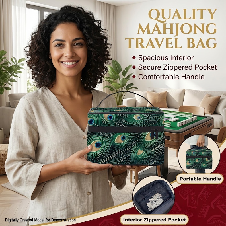 A woman is holding a travel bag with a peacock feather pattern, smiling and posing in a living room setting.