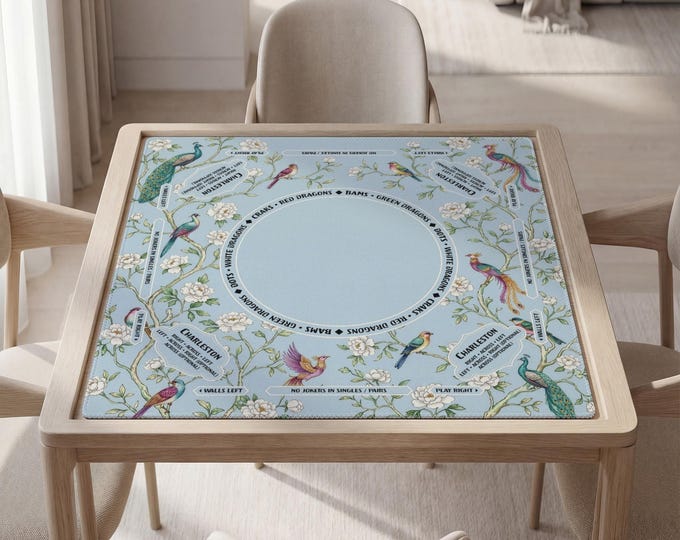 Personalized Peacock and Blossoms Chinoiserie Mahjong Mat with Rules (Instructions)