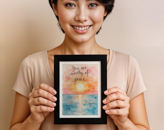 You Are Worthy of Peace, Sunrise Ocean Scene, Affirmation Art, 5x7 in (13x18 cm)