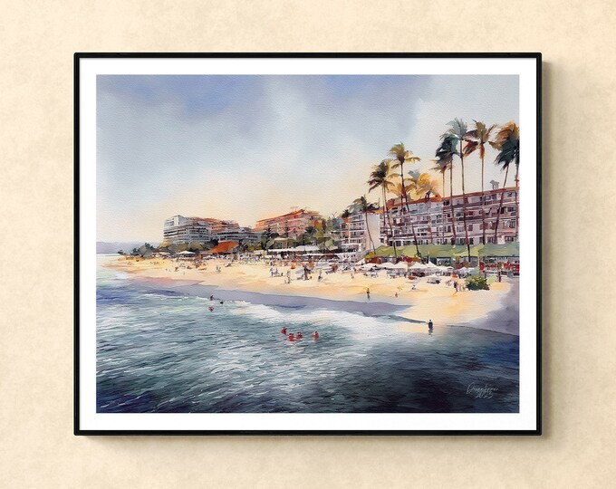 Puerto Vallarta Beach Watercolor Print Jalisco Mexico Art Premium Quality Travel Poster Artful Wall Decor Unframed Wall Art