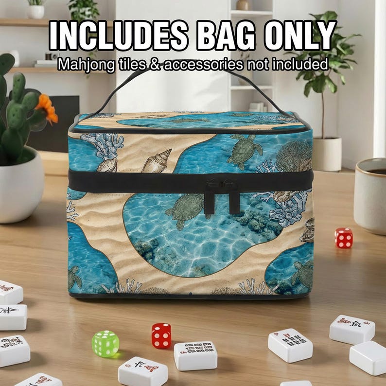 a colorful, patterned bag with a tropical beach scene design, placed on a wooden surface with a game of mahjong tiles and accessories nearby.