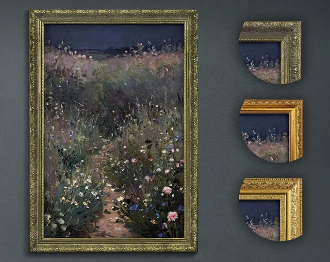 Impasto Flower Field Art Print: Vintage Style Rustic Landscape