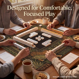 A group of people playing a game of mahjong on a large, colorful game board.