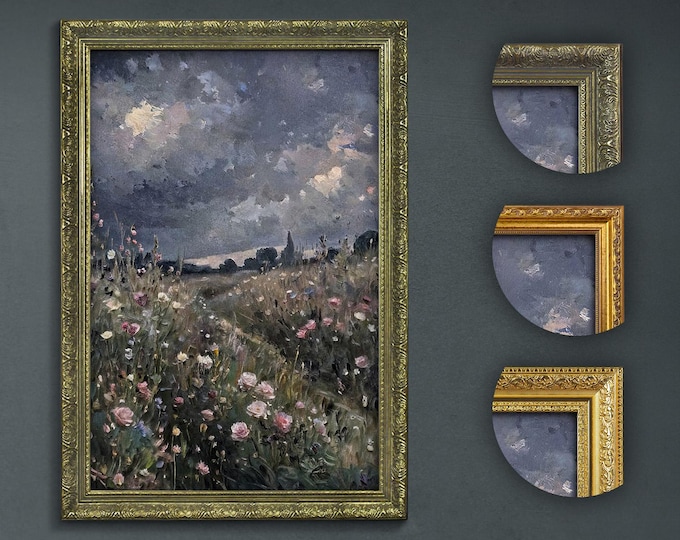 Dark Academia Art Print, Path Through Blooming Flowers, Chic Interior Decor, Elegant Impasto Style Wall Art, Timeless Flower Field Painting