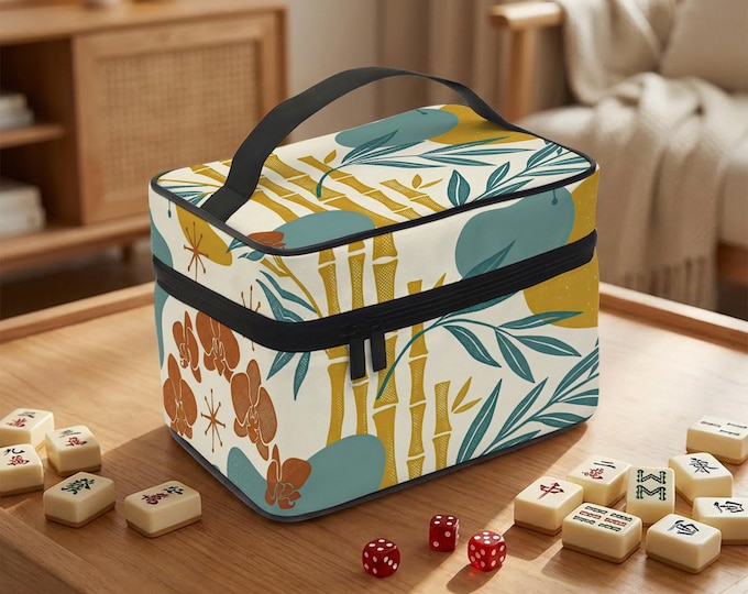 Mahjong Tile Storage Bag, Yellow Bamboo Orchid Floral (Travel Tote with Handle)