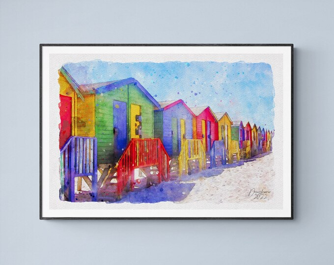 Cape Town Beach Huts Watercolor Print South Africa Art Premium Quality Travel Poster Artful Wall Decor Unframed Wall Art