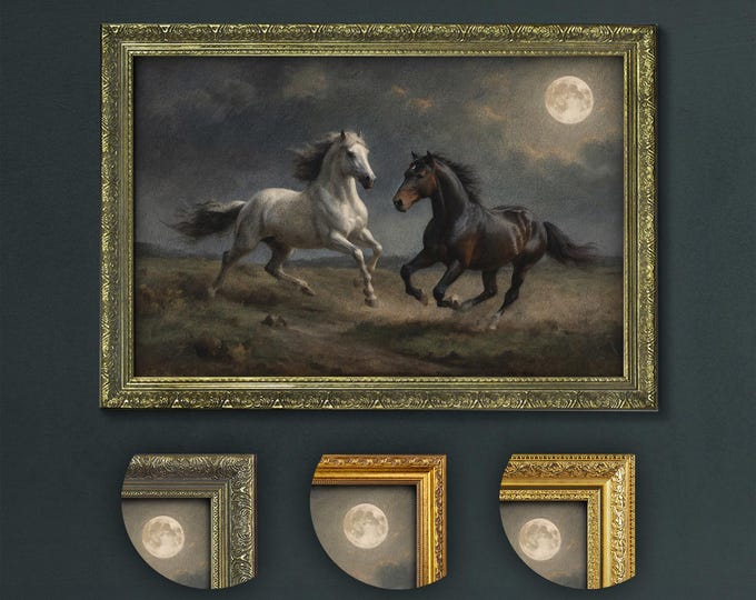 Moonlit Gallop, Majestic Horses in Moonlight Wall Art, Dark Equestrian Art Print, Gothic Vintage Style Home Decor, Horse Lovers Gift