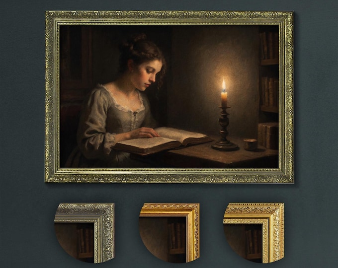 Dark Academia Art Print: Woman Reading by Candlelight, Choice of Frames