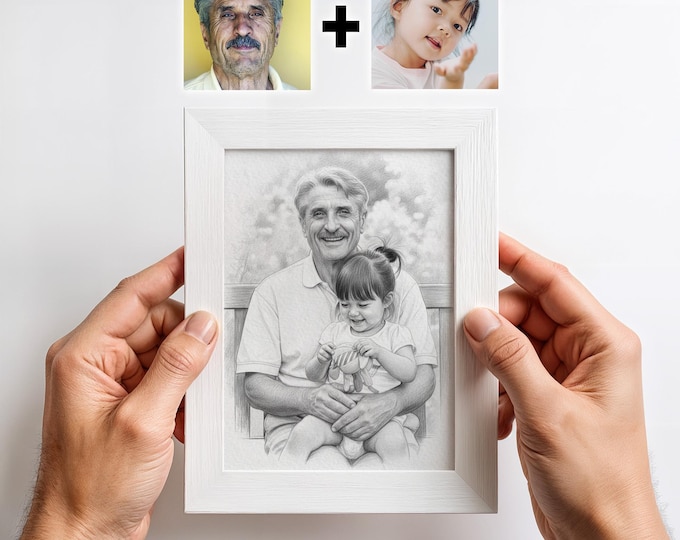 Grandparent and Grandchild Portrait from Photos, Pencil Style Art Print (Personalized 5x7 in)