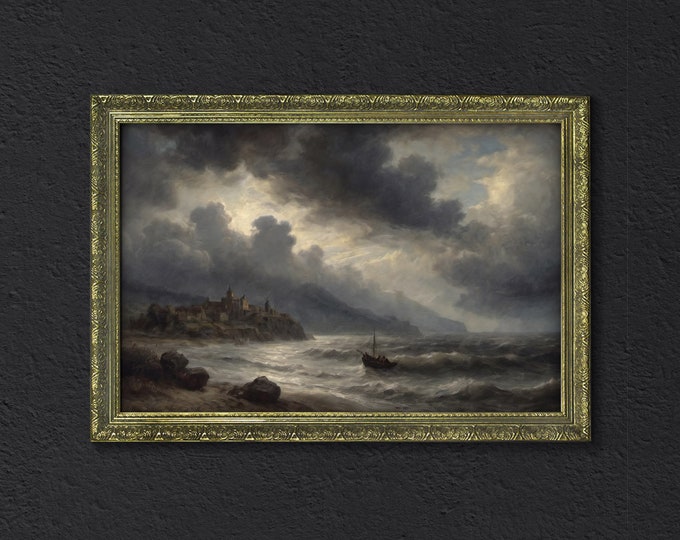 Moody Dark Seascape, Stormy Scene, Dark Academia Decor, Rustic Cottagecore Decor, Moody Cottagecore Wall Art, Dark Moody Framed Retro Art