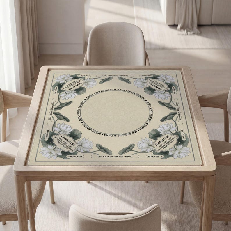 a square table with a decorative floral design on the surface, surrounded by four chairs.
