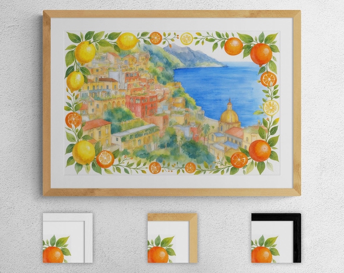 Positano Italy Watercolor Print, Romantic Coastal Wall Art, Amalfi Coast Decor, Framed or Unframed, Italian Seaside Landscape Painting