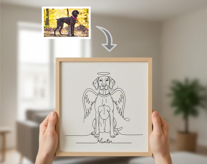 Angel Cat or Dog Portrait - Minimalist One Line Memorial Drawing