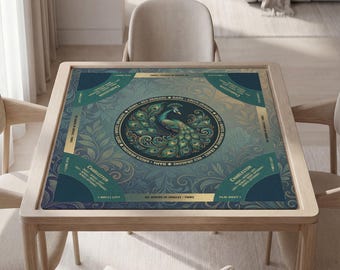 Custom Mahjong Mat, Peacock Design, Soft Polyester, Non-Slip Backing | Black Pouch