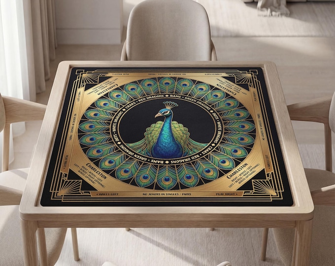 Personalized Mahjong Mat with Instructions (Rules): Elegant Peacock Design