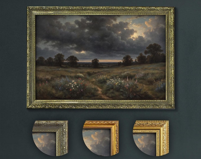 Dark Academia Art Print: Twilight Flower Field, Stormy Sky