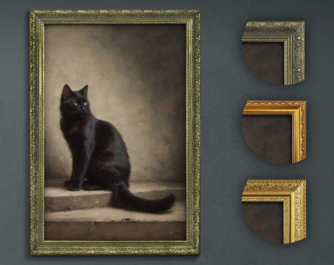 Black Cat Portrait Print: Dark Academia Decor, Choice of Frames