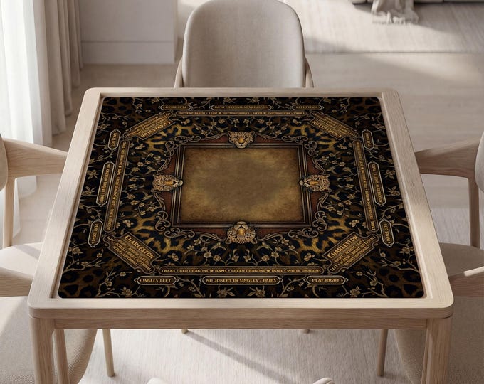 Masculine Mahjong Mat With Instructions - Personalized Text and Leopard Design, Bag Included