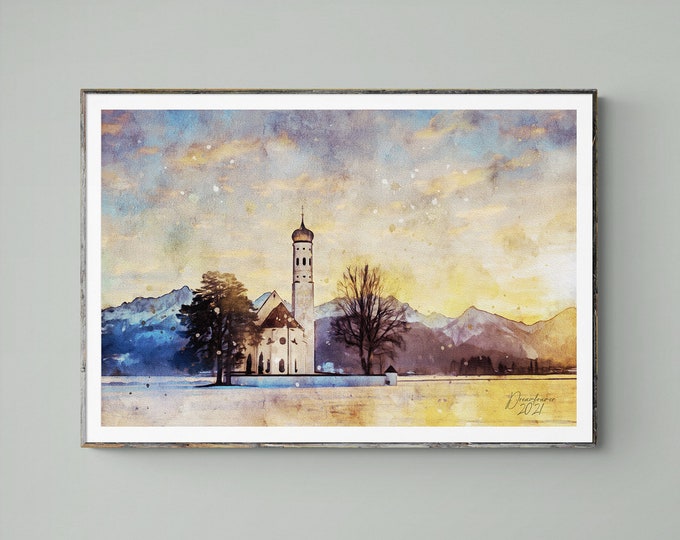 Church of Saint Coloman Watercolor Print Bavaria Germany Art Premium Quality Travel Poster Artful Wall Decor Unframed Wall Art